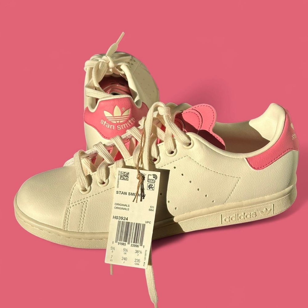 adidas Stan Smith “Triple Tongue” 
Off-White/Rose Tone made with vegan leather